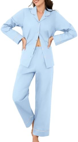 100% Cotton Womens Pajama Sets Long Sleeve Button Down Soft Sleepwear |