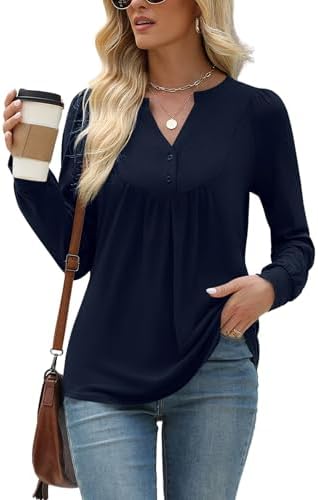 2025 Spring Long Sleeve Shirts V Neck T-Shirt Pleated Top Button Up