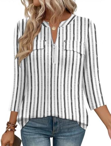 3/4 Length Sleeve Womens Tops Work Business Office Zipper Shirts Ladies V
