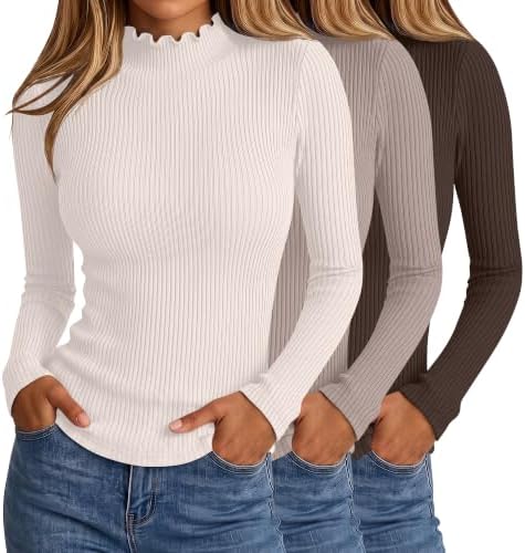 3 Pack Mock Turtleneck Tops for Women Ribbed Cotton Basic Tees