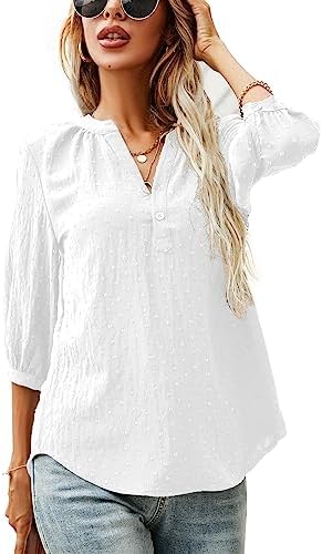 Women's V Neck Shirts and Blouses Swiss Dot Pleated Back Blouse 3/4