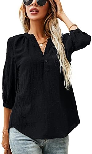 2025 Fashion 3/4 Sleeve Pleated Back V Neck Tops for Women Swiss Dot