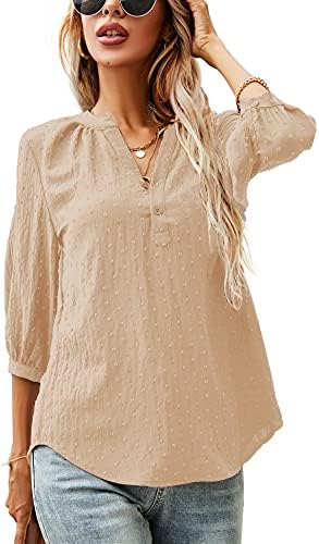 Womens Work Tops 3/4 Sleeve V Neck Button Up Pleated Formal Blouse Shirts