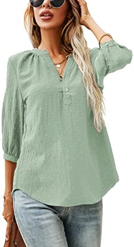 Womens Tops 3/4 Sleeve Shirts Notch V Neck Button Up Shirt Pleated Tees