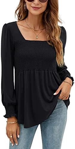 Smocked Tops Women Elegant Square Neck Ruffle Trim Puff Long Sleeve Tee