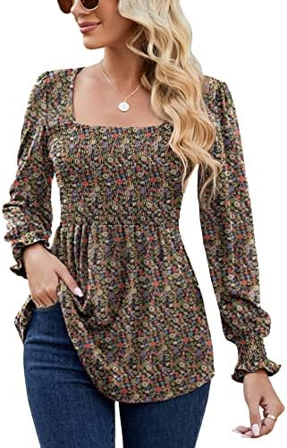 Blouses for Women Casual Floral Print Puff Long Sleeve Square Neck Tops