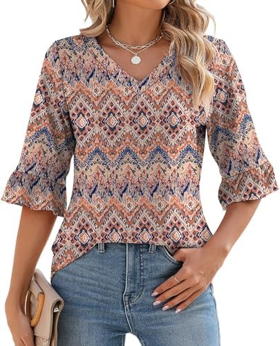 3/4 Length Sleeve Womens Tops 2025 Summer Loose V-Neck T-Shirts Dressy