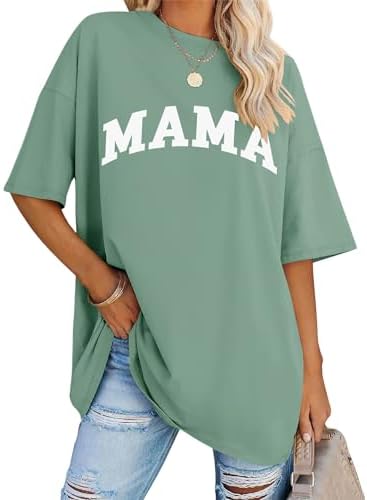 Oversized Mama Shirt for Women T Shirts Loose Fit Cotton Crewneck Short