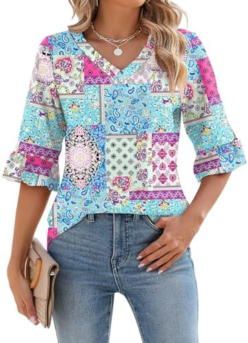 3/4 Sleeve Tops for Women Boho V-Neck T-Shirts 2024 Dressy Casual Work