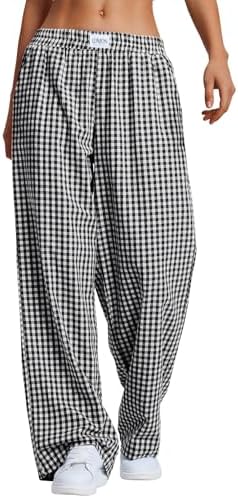 Women's Boxers Gingham Plaid Wide Leg Pants Cotton Pajama Lounge Pj