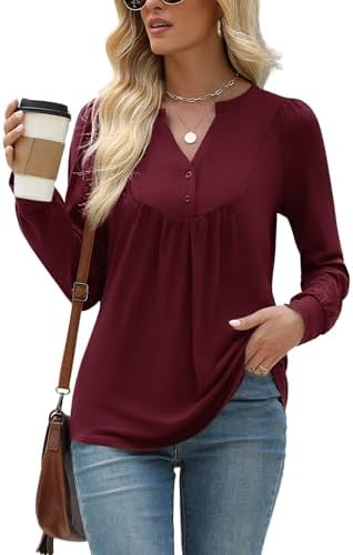 Tops for Women 2025 Trendy Long Sleeve Shirts V Neck T-Shirt Pleated