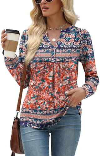 Boho Floral Long Sleeve Shirts for Women Henley V Neck T-Shirt Pleated