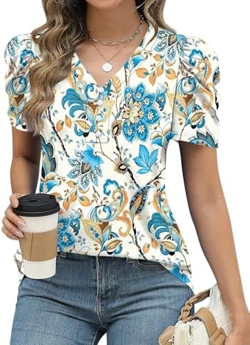 Womens Short Puff Sleeve Shirt V Neck Loose Lightweight T Shirts Cute