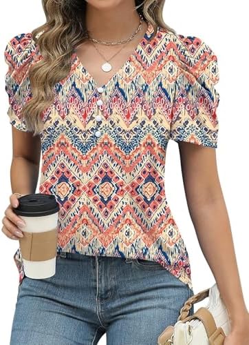 Women's Puff Short Sleeve Boho Shirts Trendy V Neck Floral T-Shirt Summer
