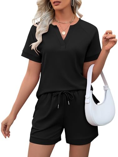 2 Piece Sets for Women Summer Lounge Sets Short Sleeve Matching Sets V