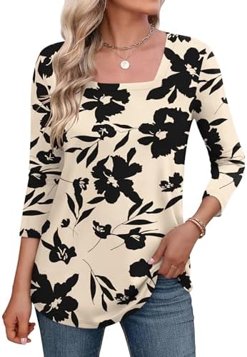 Womens Tops 3/4 Length 3/4 Sleeve Shirts Summer Square Neck Blouse Loose