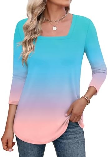 Women's 2025 Fashion Tops 3/4 Sleeve T-Shirts Cute Square Neck Basic Tees