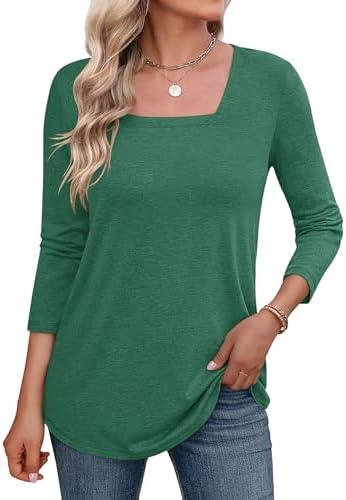 3/4 Sleeve Tops for Women Square Neck Summer Basics Tees Casual Loose Fit