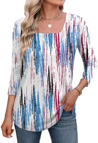 Womens Tops 3/4 Sleeve Shirts Square Neck Loose Casual Blouses Summer