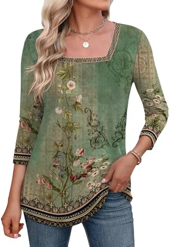 3/4 Length Sleeve Womens Tops Square Neck Summer Shirts Dressy Casual