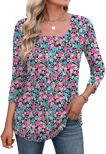 3/4 Length Sleeve Womens Tops Summer Loose Square Neck T-Shirts Dressy
