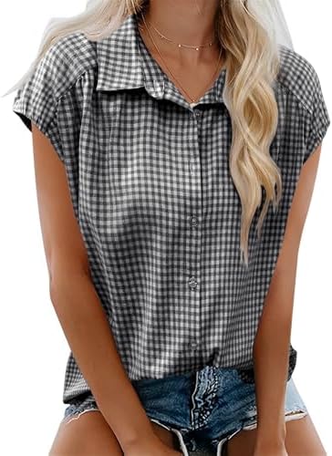 Womens Button Down Shirts Short Cap Sleeve Summer Cotton V Neck Collared