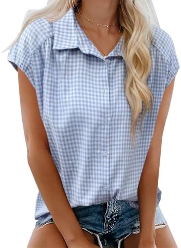 Womens Button Down Shirts Short Cap Sleeve Summer Cotton V Neck Collared