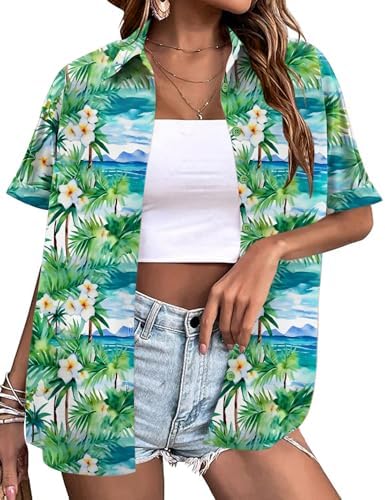 Summer Hawaii Button Down Shirts for Women Floral Short Sleeve Blouse
