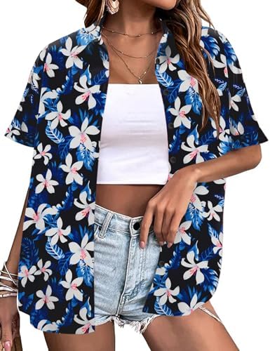 Womens Hawaiian Button Up Shirts Printed Hawaii Short Sleeve Blouses