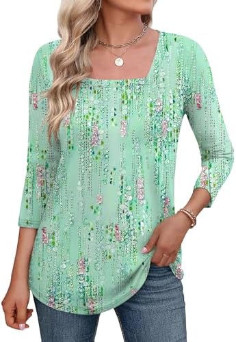 3/4 Length Sleeve Womens Tops Square Neck Summer Shirts Dressy Casual