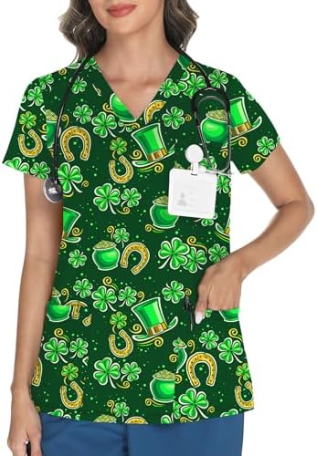 St.Patrick's Day Scrub Tops for Women Print Knit Stretch Scrub Shirts