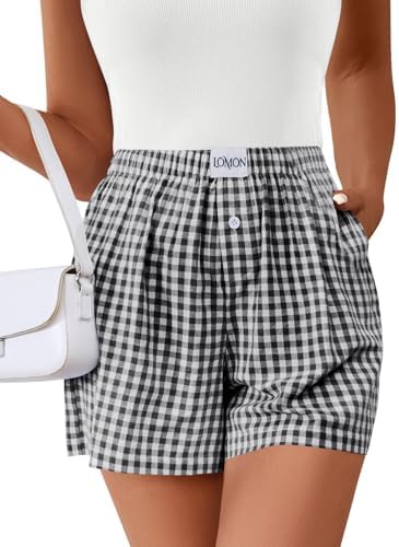 Shorts for Women Summer Gingham Boxer Y2K Pajamas Pockets Resort Wear