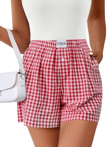 Shorts for Women Summer Gingham Boxer Y2K Pajamas Pockets Resort Wear