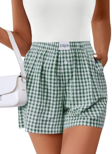 Shorts for Women Summer Gingham Boxer Y2K Pajamas Pockets Resort Wear