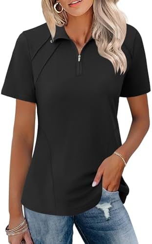 Golf Shirt for Women Ladies Short Sleeve Quarter Zip Polo Black, XL