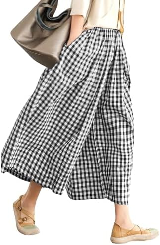 Womens Wide Leg Capri Pants Gingham Plaid Crop Culottes Spring Summer
