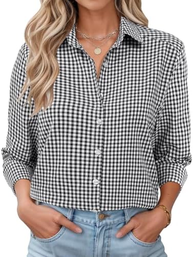 Womens Long Sleeve Button Down Shirts Cotton Gauze Tops Loose Fit Casual