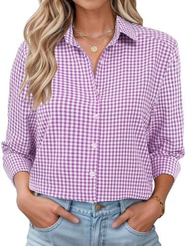Women Lightweight Long Sleeve Plaid Shirt for Office Casual Gingham