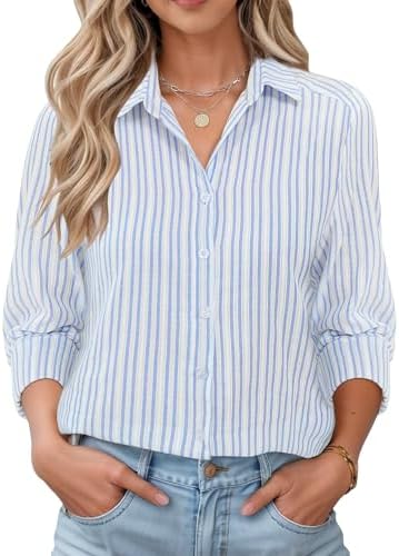 Women Oversized Linen Button Down Blouses Long Sleeve Tops Cotton