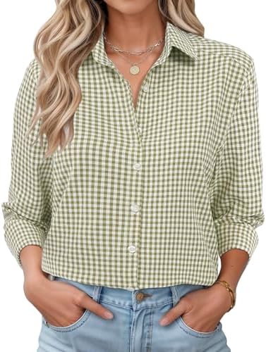 Women Lightweight Plaid Shirt Oversized Boyfriend Button Down Roll Up