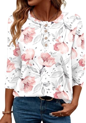 3/4 Length Sleeve Womens Tops Crewneck Tunic Shirts WP-Floral