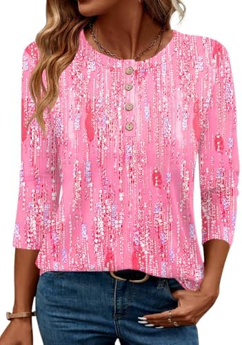 3/4 Length Sleeve Womens Tops Crewneck Tunic Shirts Rose Stripe