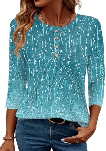 3/4 Length Sleeve Womens Tops Crewneck Tunic Shirts Blue Leaf