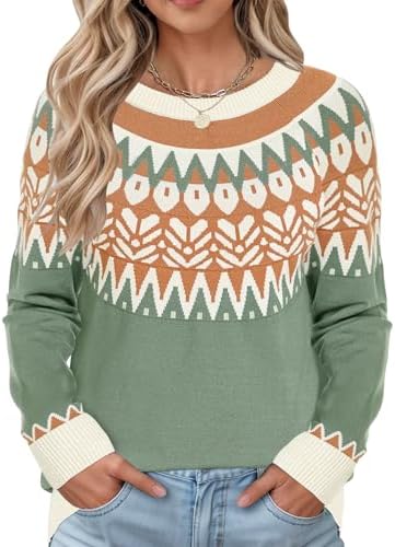 Women's Casual Loose Fit Fair Isle Sweaters Vintage Long Sleeve Crewneck