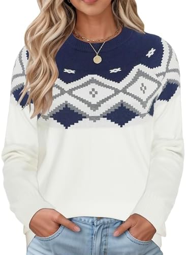 Women Elegant Vintage Pullover Sweaters Color Block Round Neck Soft Touch