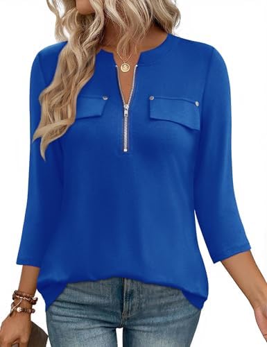 3/4 Length Sleeve Womens Tops V Neck Zipper Office Elegant Dressy Casual