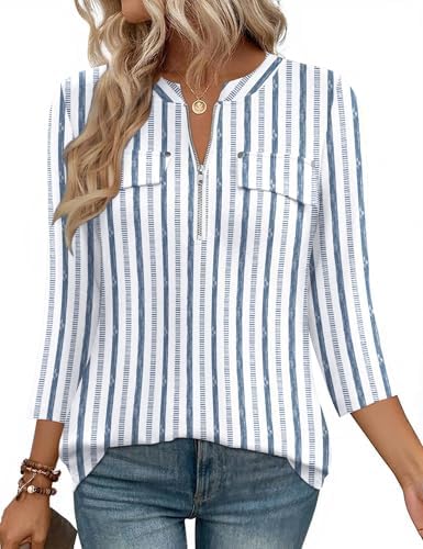 Summer Tops For Women 3/4 Length Sleeve Business Casual V Neck Zipper