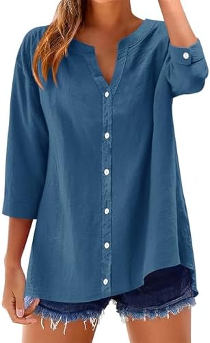 3/4 Sleeve Womens Tops V Neck Cotton Linen Casual Button Down Shirts
