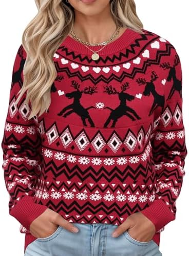 Women's Cute Comfy Christmas Reindeer Sweaters Lightweight Crewneck Fuzzy