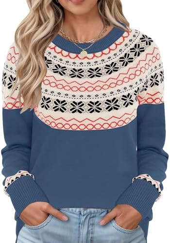 Women Classic Christmas Snowflake Knitted Slouchy Sweaters Comfy Warm